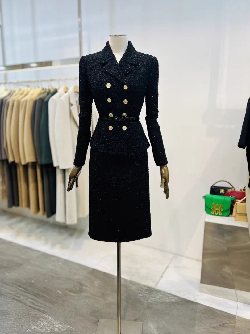 莫黑色修身长袖粗花呢排扣法式时尚套装