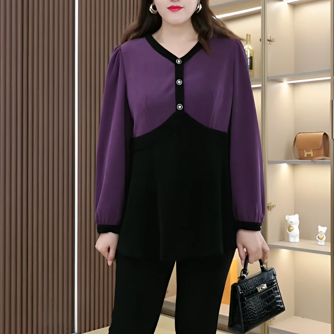 新款大码女装气质拼接假两件长袖时尚宽松显瘦遮肉241321