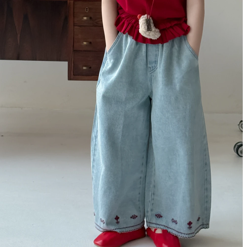 女童牛仔裤夏款女孩韩版纯色休闲阔腿裤宽松直筒裤绣花裤子百搭款