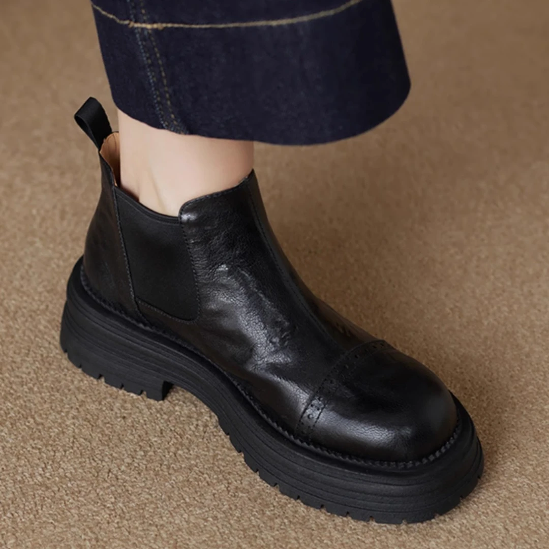 巨好穿复古软皮圆头切尔西短靴女英伦风及踝靴春秋裸靴厚底马丁靴