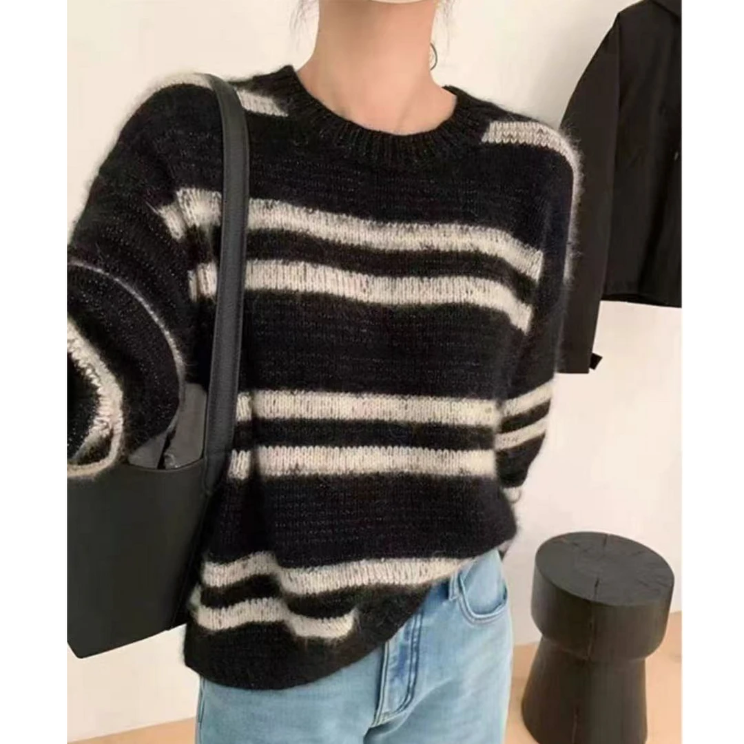 现货 东大门细闪亮丝条纹显正品女装新款圆领宽松瘦针织衫毛衣