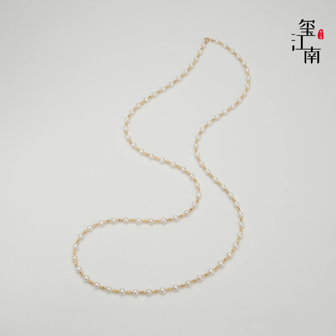 高端G18K金满天星长项链｜淡水珍珠老钱风80～85cm毛衣链4-5mm