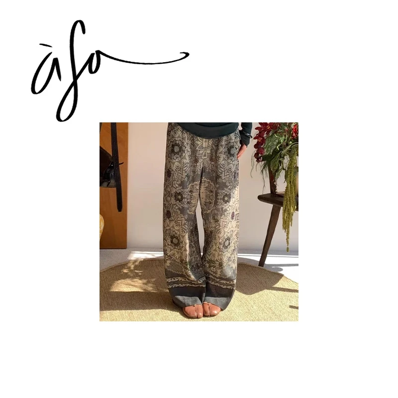 ASA-【墨绿色复古印花松紧腰直筒裤】（ck00116）