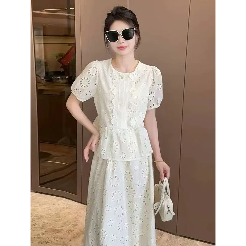 6603高档气质名媛时尚套装2025夏季新款减龄镂空上衣+显瘦半身裙