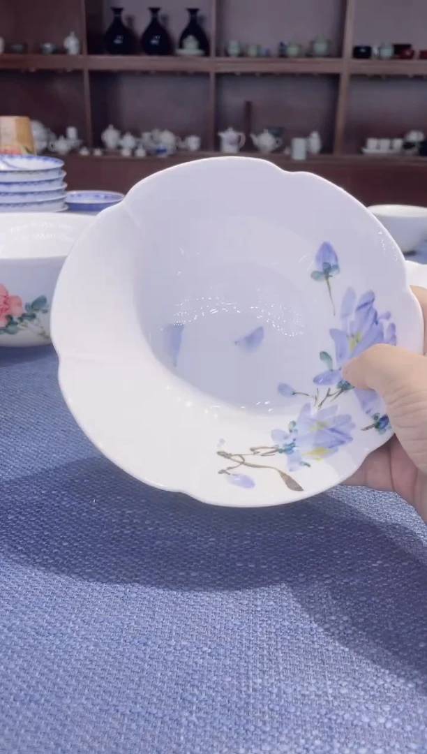 杯景德镇高温釉下手绘7英寸花边碗紫牡丹