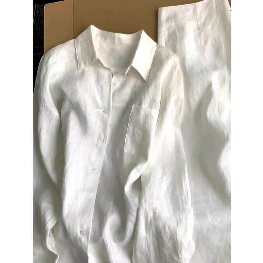 夏季时尚新款一整套干练气质显瘦减龄高级感白色亚麻衬衫套装裙