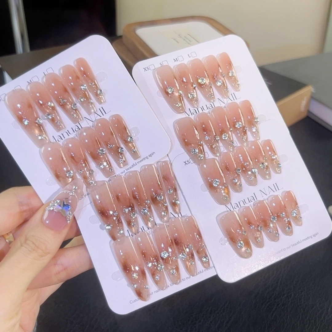 【豹纹 打孔镶钻】纯手工定制穿戴甲手绘蓝色海洋假指甲贴10片