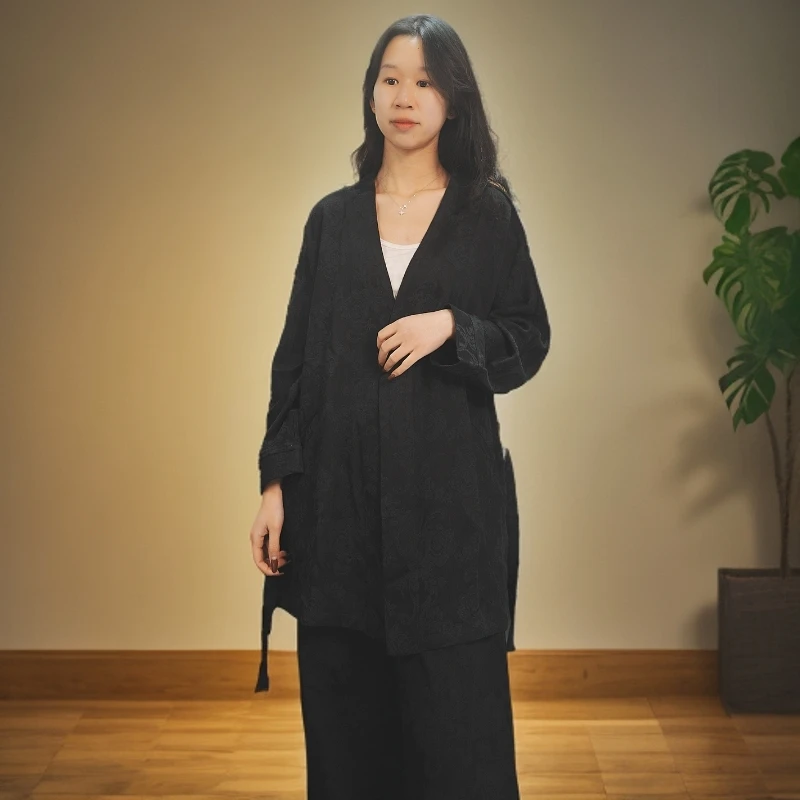 V领亚麻提花上衣女 2025款春款棉麻提花大版衬衫袍子