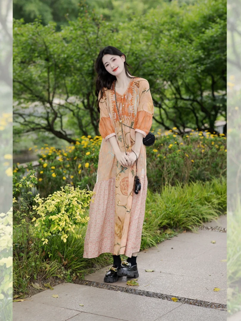 多巴胺宽松温柔风森女系桔梗绝美茶歇连衣裙2460