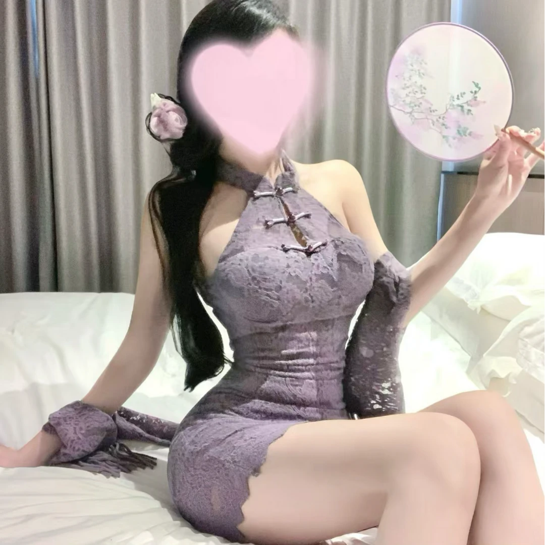 性感新中式盘扣蕾丝立领夏季旗袍纯欲辣妹紫色挂脖旗袍女性感睡裙