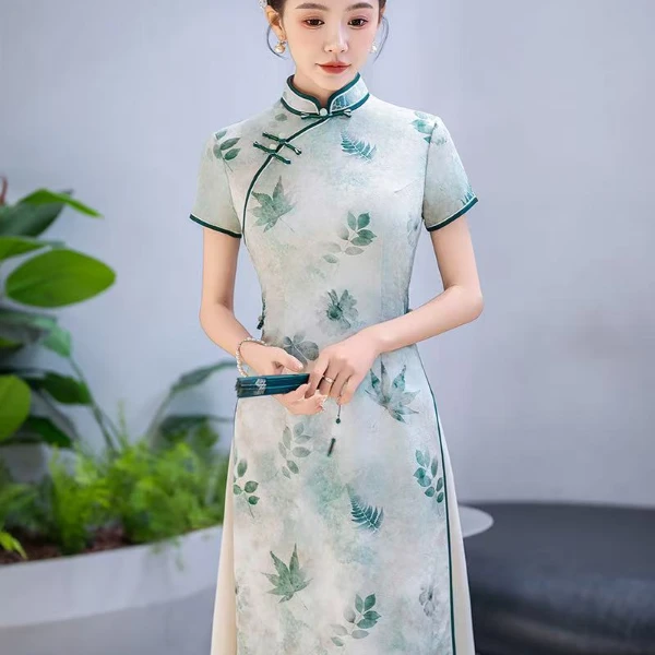 GUXI/故汐优雅显瘦提花复古长款改良日常夏季奥黛旗袍气质中国风