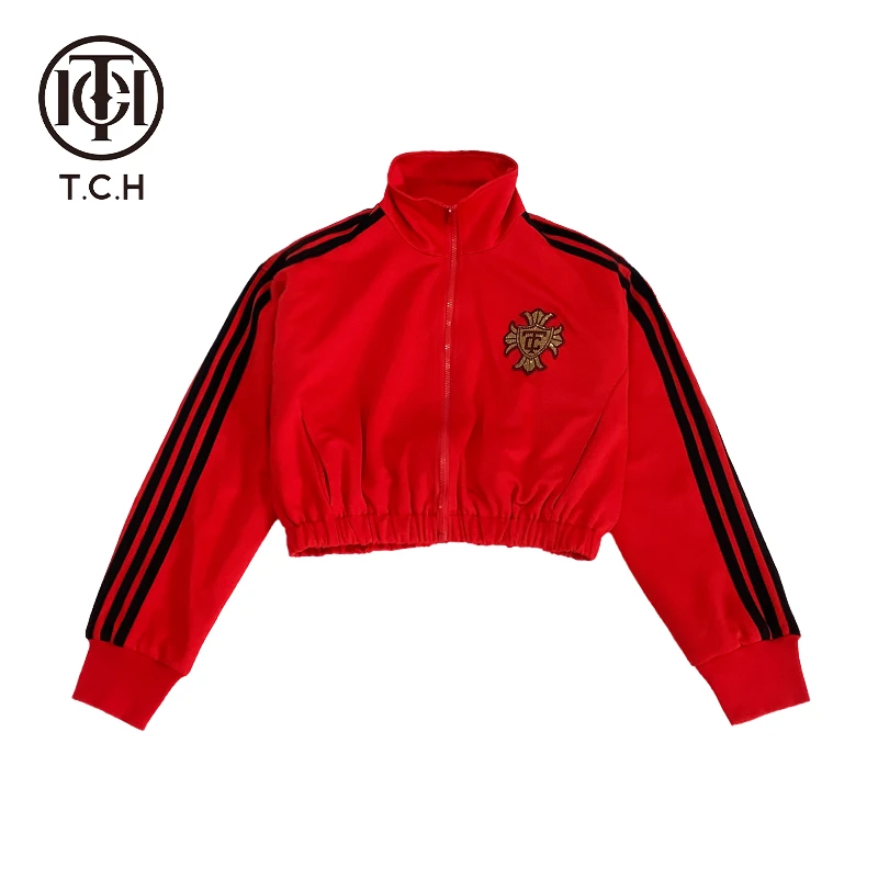 爆款-TCH时尚潮牌翅膀刺绣烫钻运动服红色拉链衫外套T72A17E6005