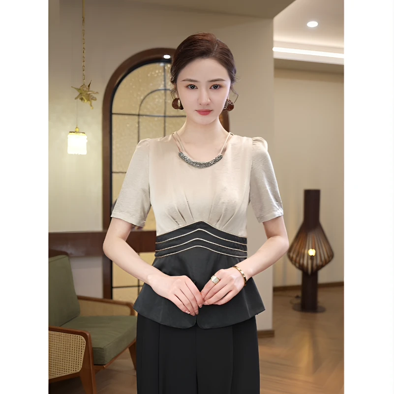 唐熹2025夏季新款【LT24-X491】轻奢时尚高级V领短袖衬衫上衣女