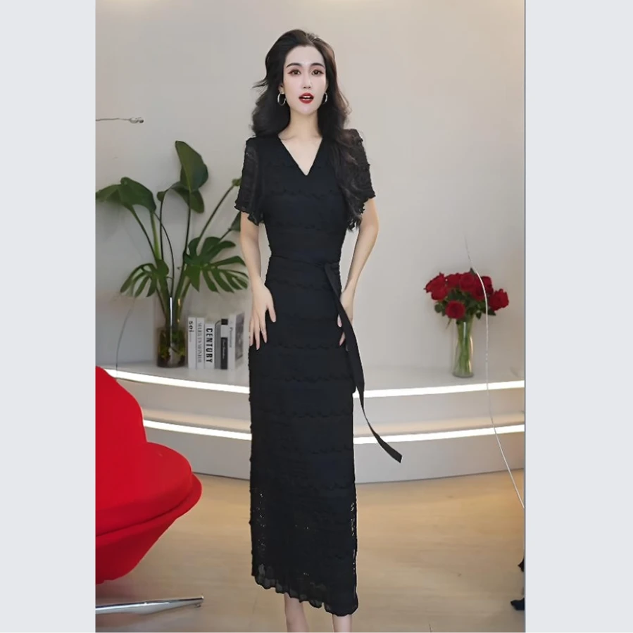 法式蕾丝连衣裙女夏季2024新款包臀裙一片式绑带中长裙子23620