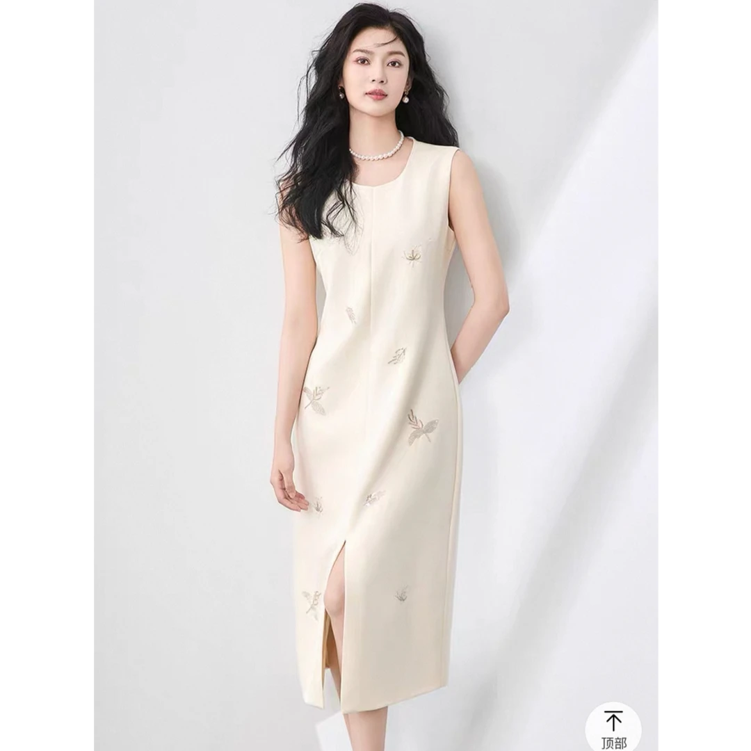 [小小李]无袖法式风净色2025夏季连衣裙显瘦长裙中长款复古