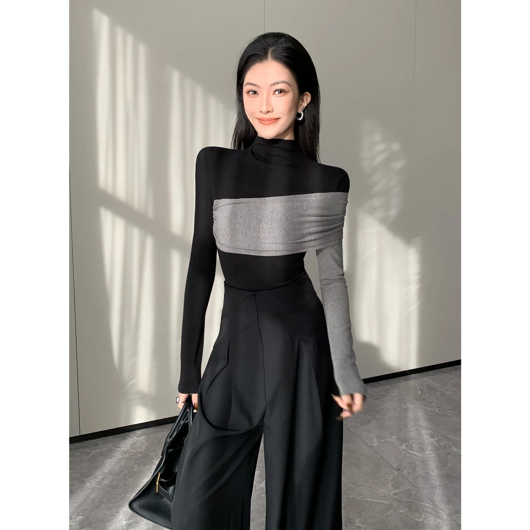 2025秋冬百搭显瘦半高领秋冬新款长袖拼接修身上衣