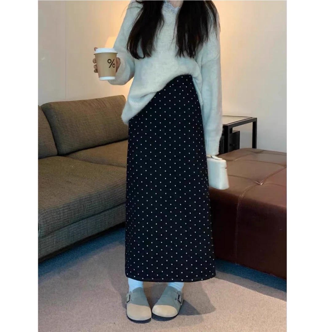 【羊绒+3个裙长】加厚半身裙秋冬女小个子高腰遮胯波点a字开叉长裙