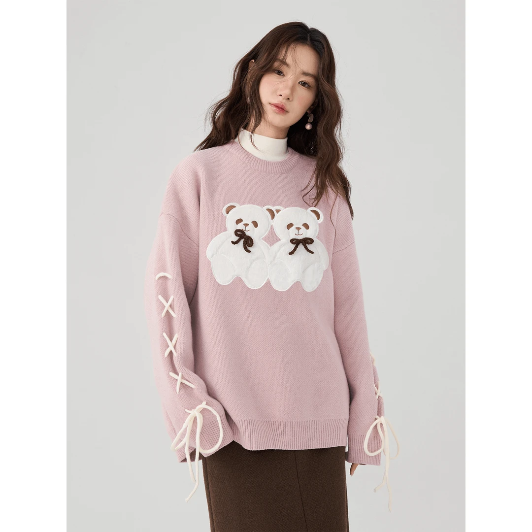 爱蔷薇胖mm大码小熊图案粉色毛衣女针织衫秋冬减龄上衣GT75059