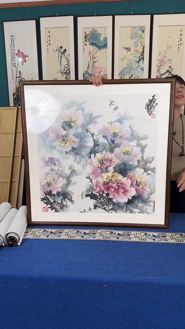 国画牡丹 实木装裱 83*83