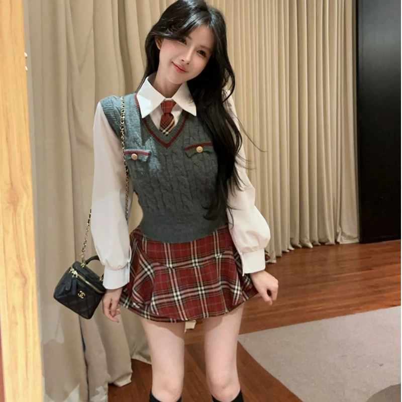 学院风秋冬甜酷辣妹jk制服白衬衫马甲蓬蓬裙小香风气质显瘦三件套