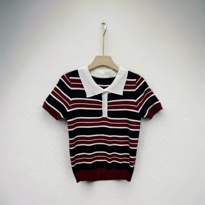 112翻领曲珠条纹上衣女装气质显瘦简约条纹上衣