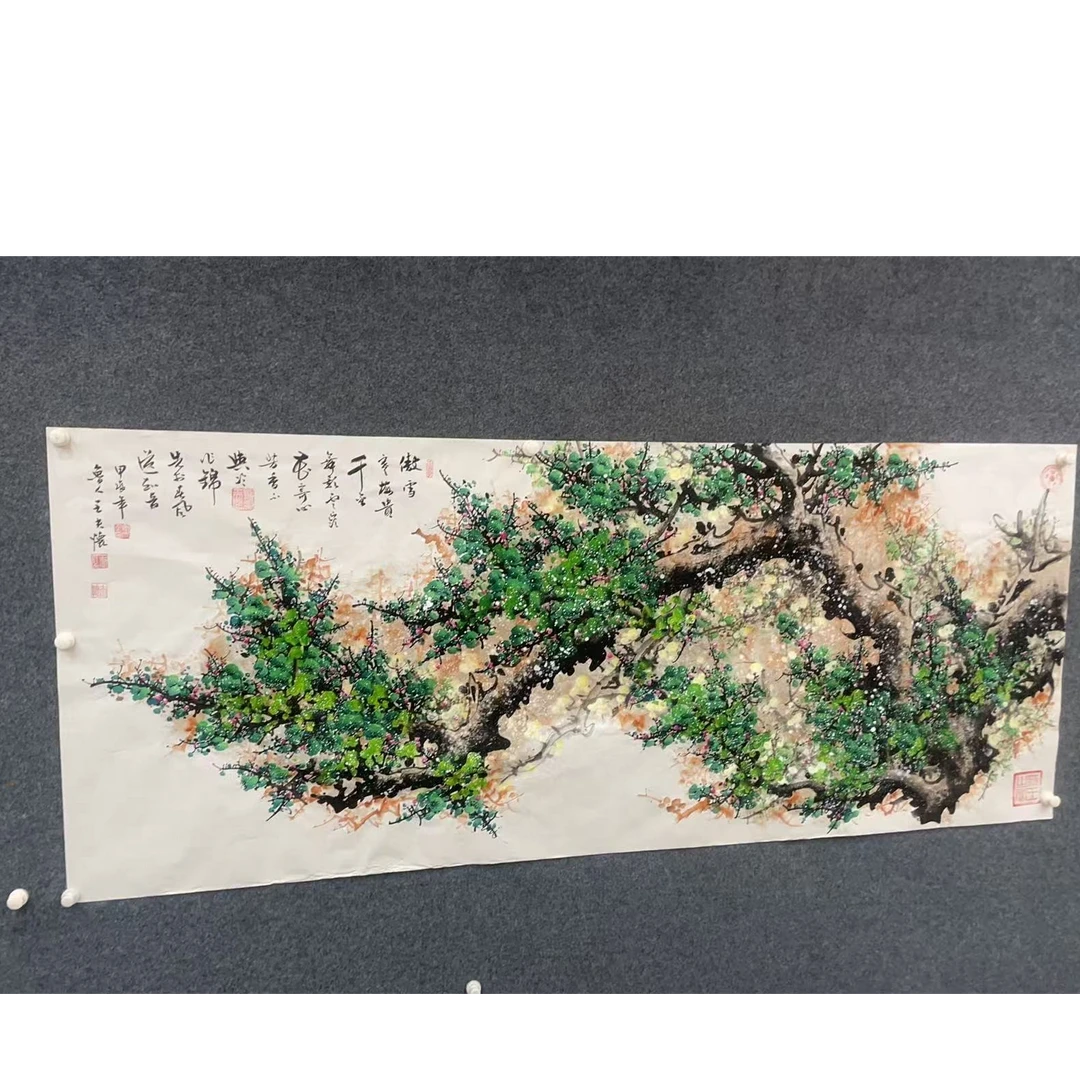 王夫怀-《傲雪红梅贵千金》绿-八尺横幅宣纸-纯手绘作品