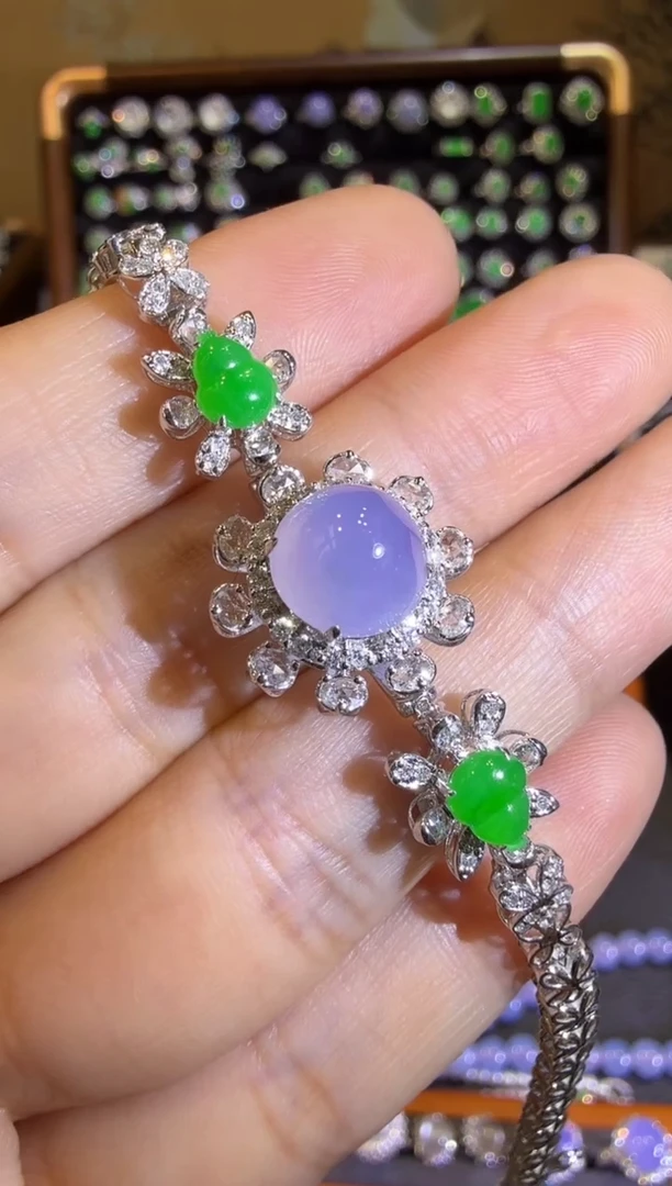 【闪购商品】翡翠手链18K金镶嵌紫罗兰蛋面手链不封底