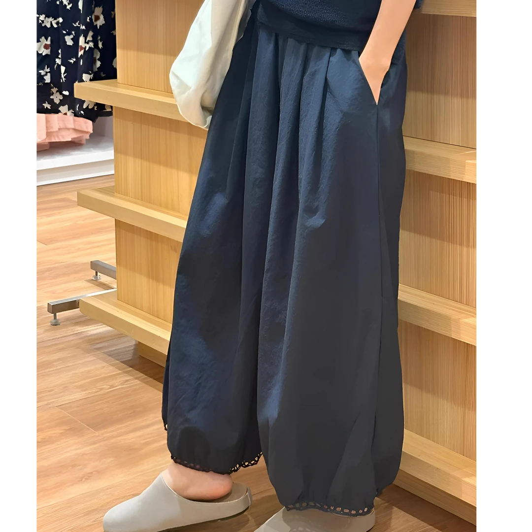 日系灯笼阔腿裤子女夏薄款胖妹妹mm宽松显瘦藏青色九分气球休闲裤