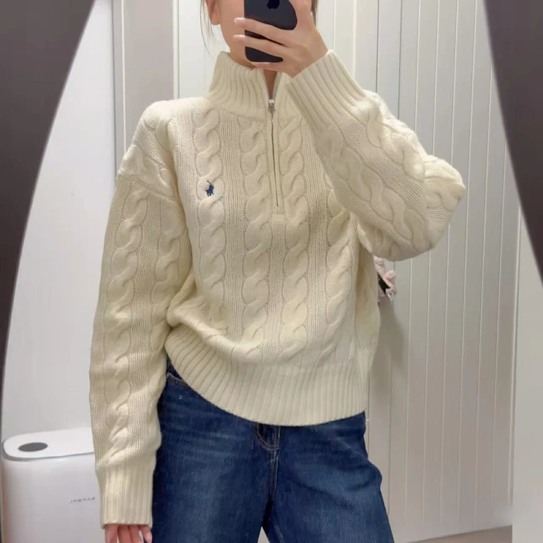 【羊绒小马】气质百搭半拉链针织刺绣绵羊毛 山羊绒小马毛衣