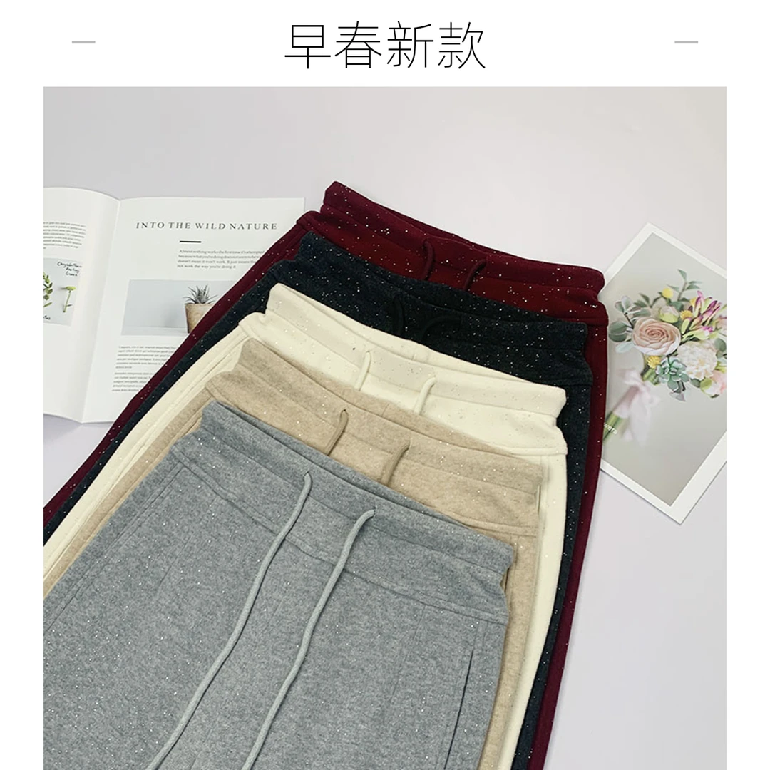 【专柜正品】早春烫钻轻奢蚕 丝羊 绒高腰显瘦窄版阔腿直筒裤