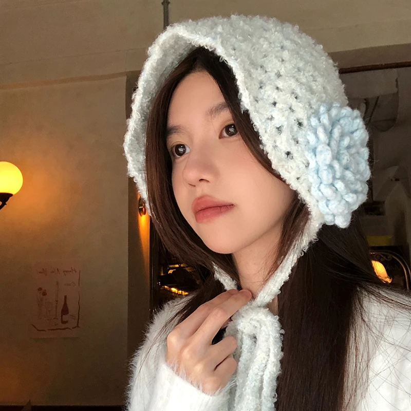 立体花朵针织耳罩女2025冬季新款甜美保暖绑带耳包护耳防寒耳捂子