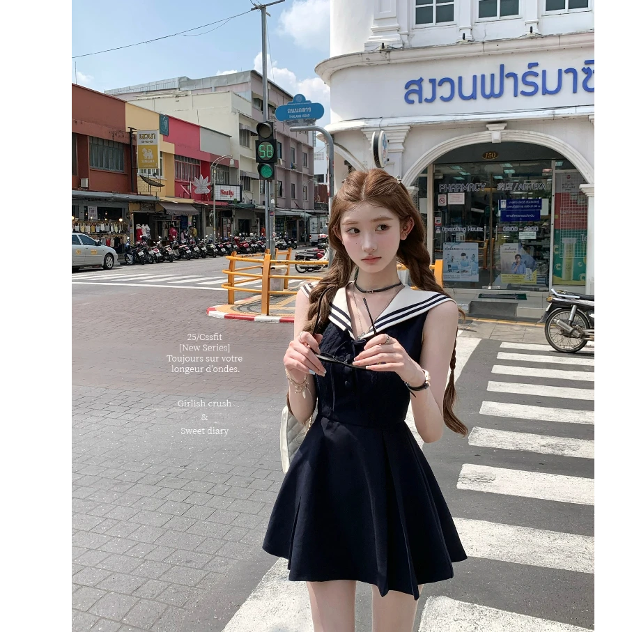 【初访六本木】 法式时尚气质海军领木耳边无袖连衣裙米白/藏青两色