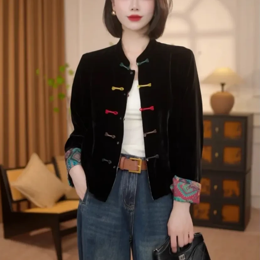 2025秋季新款新中式丝绒外套双面穿国风黑色外套