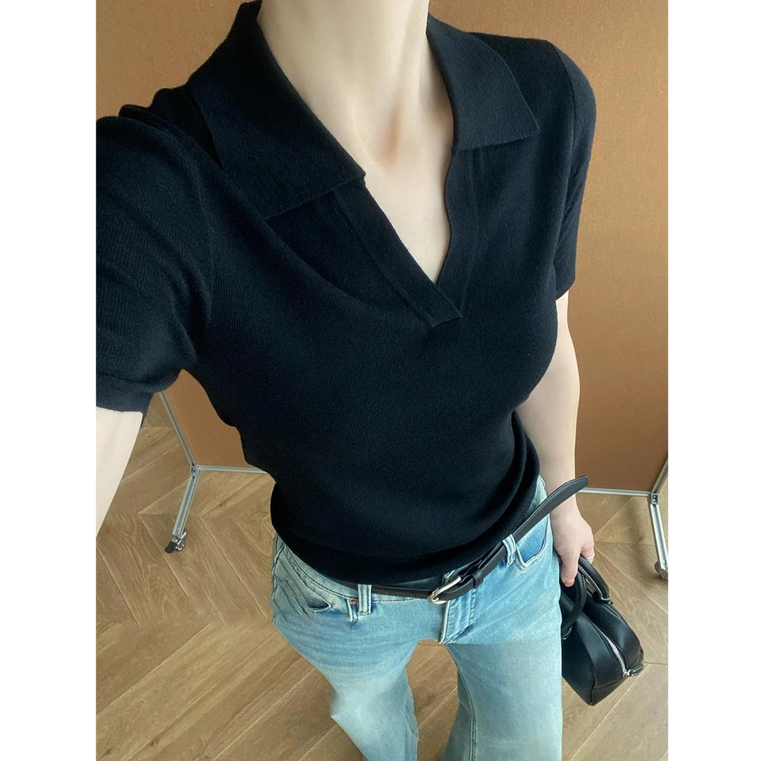 高级感黑色v领短袖polo衫t恤女夏季老钱风穿搭修身纯棉百搭上衣薄