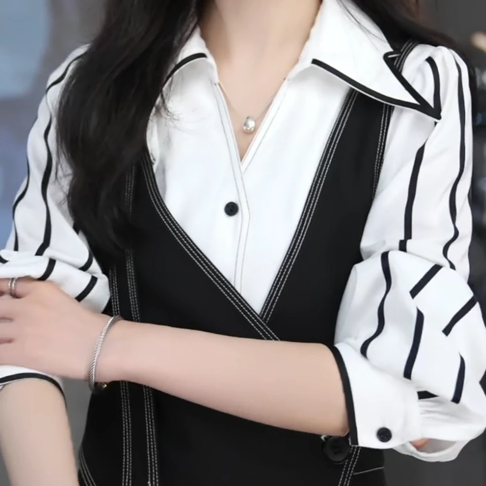 明媚少女 撞色拼接设计翻领长袖衬衫通勤直筒长袖衬衣女