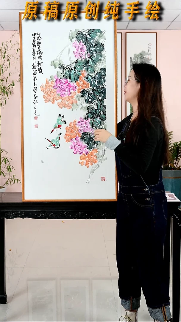 国画高启太《花如人面映秋波》纯手绘檀木框122*62厘米