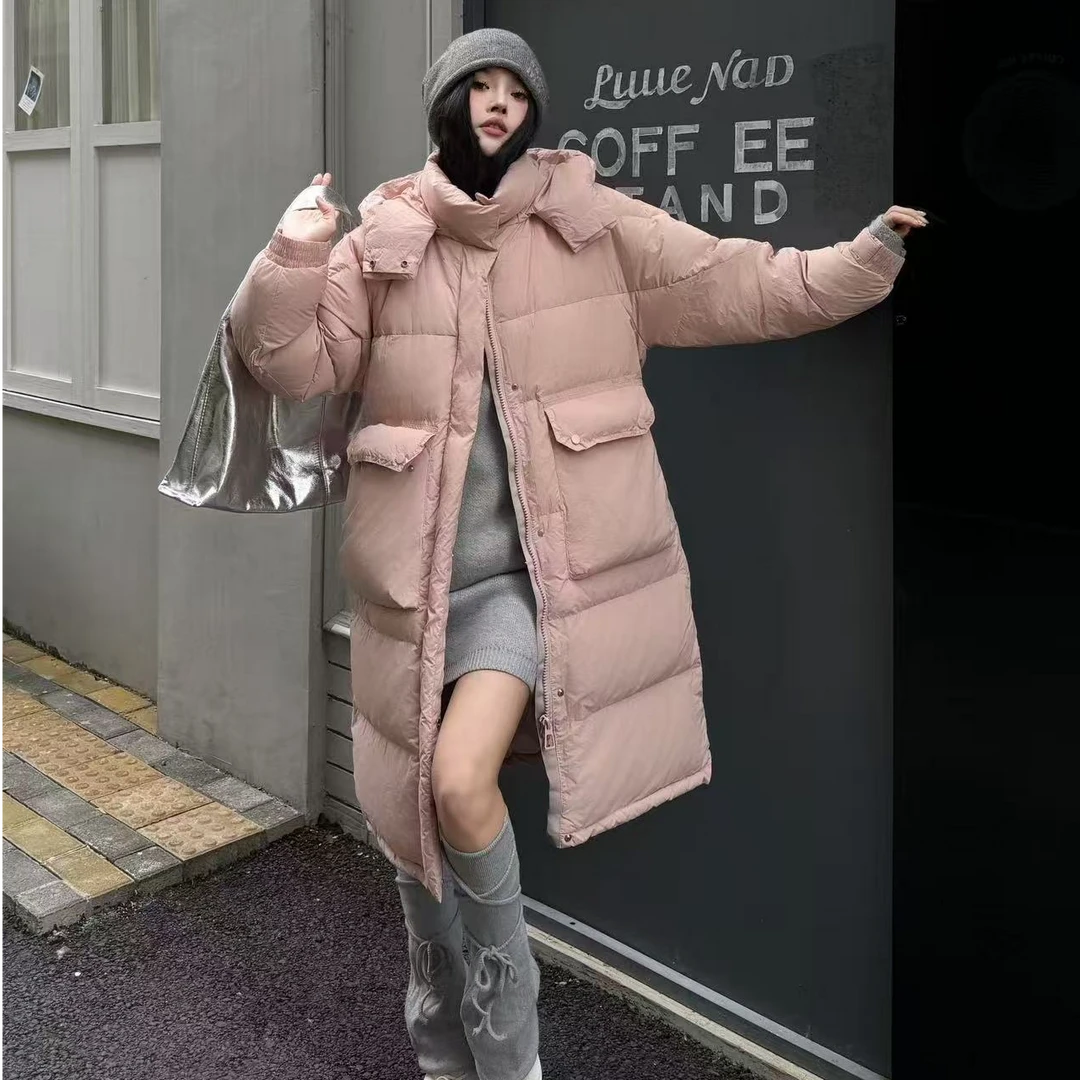 2024新款千贝丝大口袋连帽白鸭绒羽绒服女款宽松型外套7588