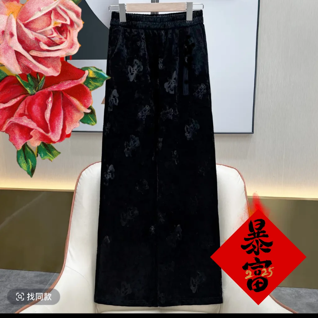 【春款上新】新中式高提花丝绒阔腿裤遮肉显瘦时尚休闲复古高腰