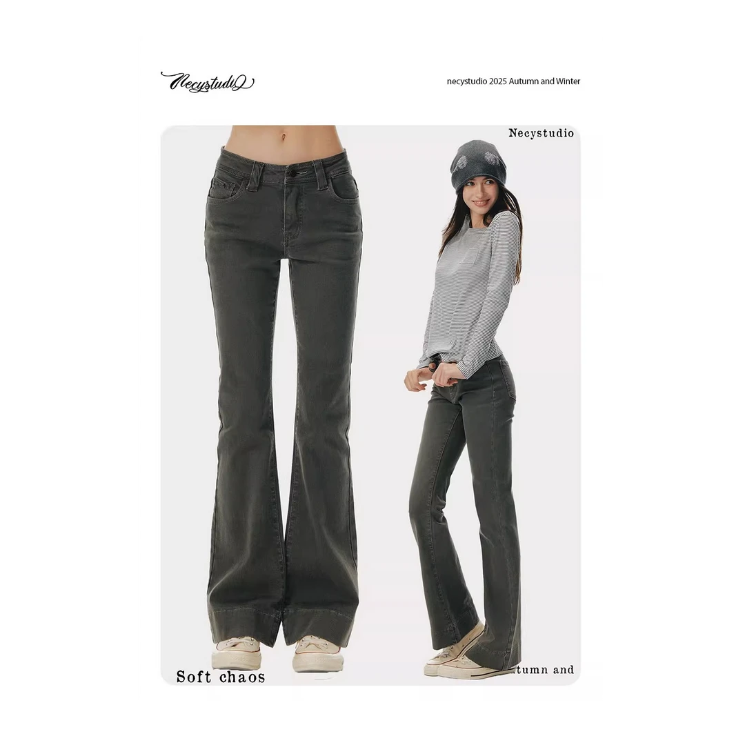 NECY 水洗明线牛仔裤女秋季修身显瘦弹力直筒裤复古百搭微喇长裤