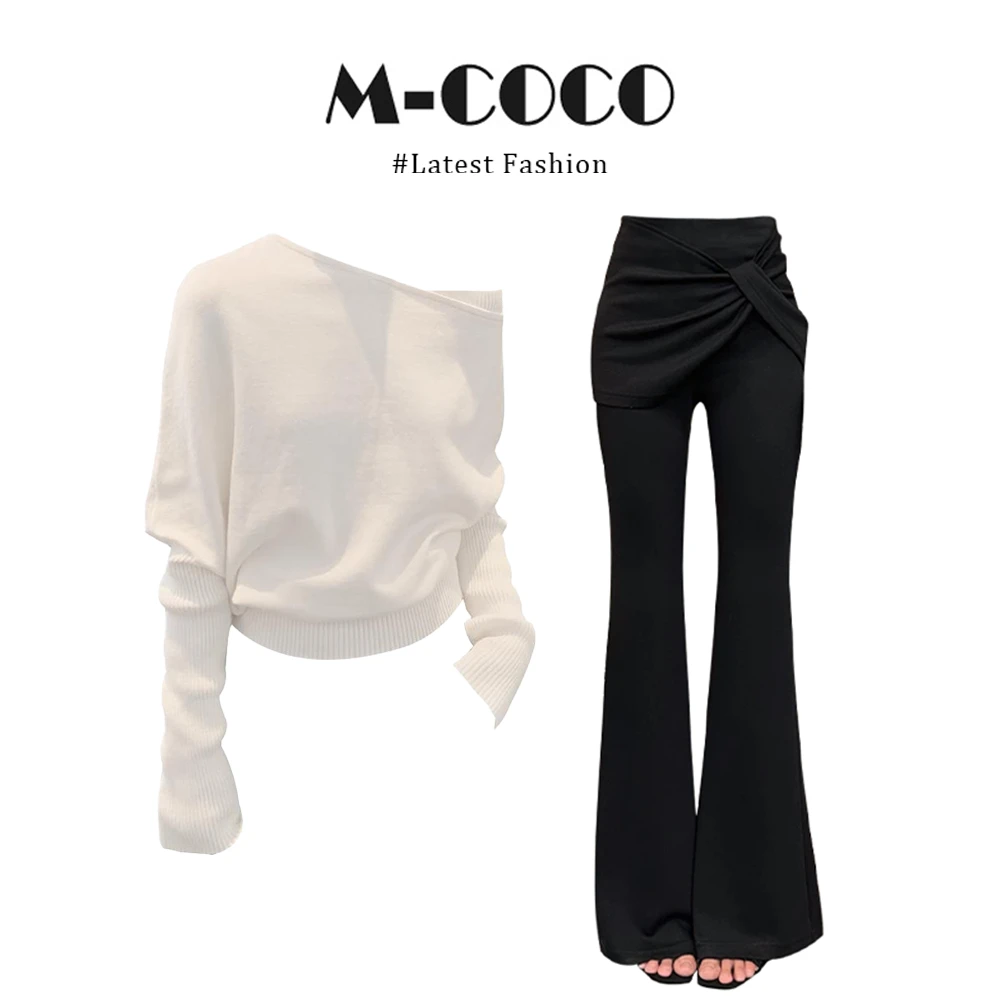 【同款性价比】韩系气质高级感温柔风露肩针织衫显瘦喇叭裤早秋套装