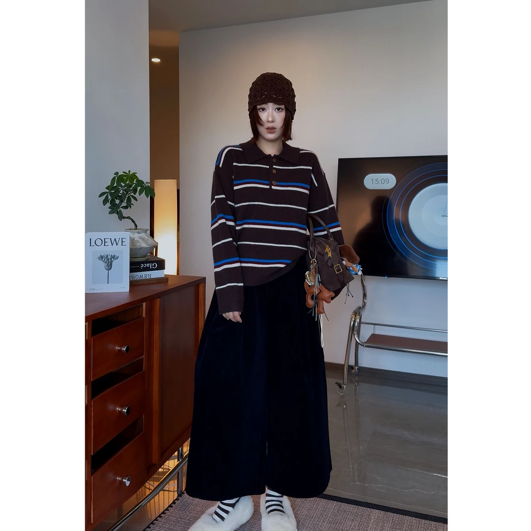 POLO条纹毛衣-韩版100羊毛翻领撞色条纹 M5559