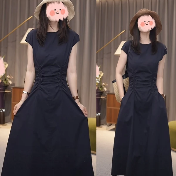 腰部褶皱藏蓝色短袖连衣裙女2025夏季新款收腰高级中长裙显瘦裙子