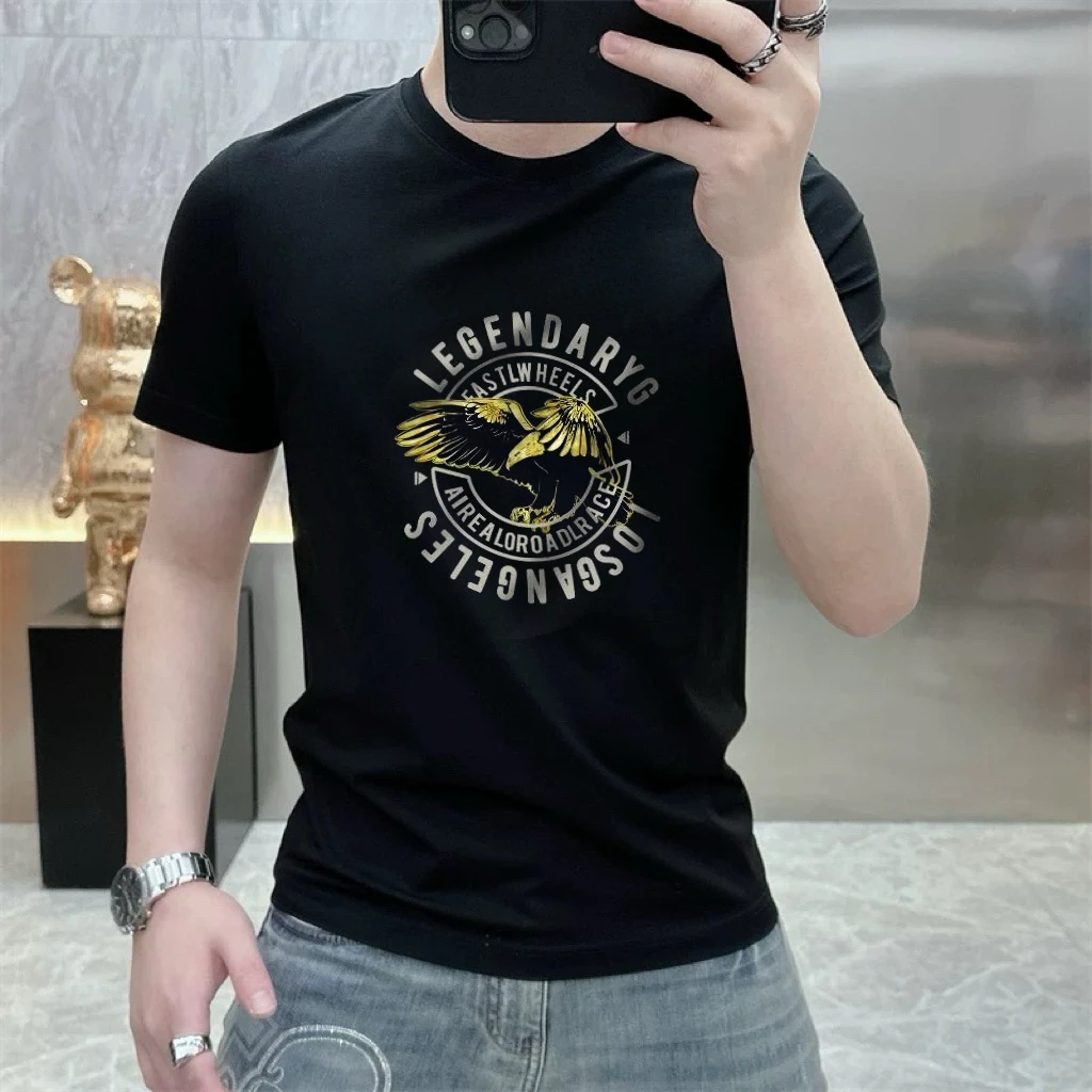 2025夏季新款老鹰印花休闲百搭短袖T恤男士半袖男士圆领套头上衣