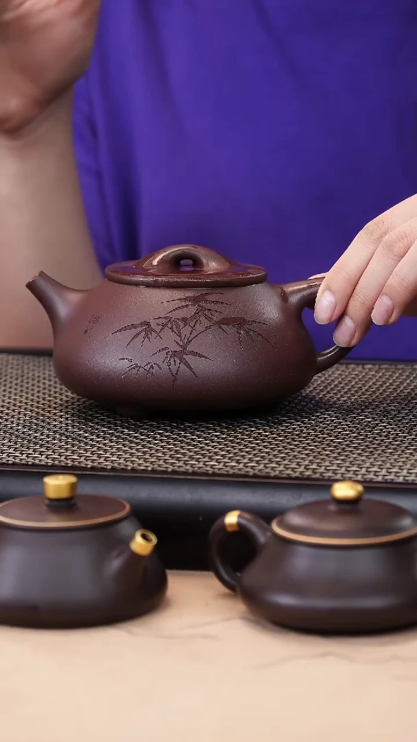 茶壶紫砂老紫泥超精工竹刻景舟石瓢240cc