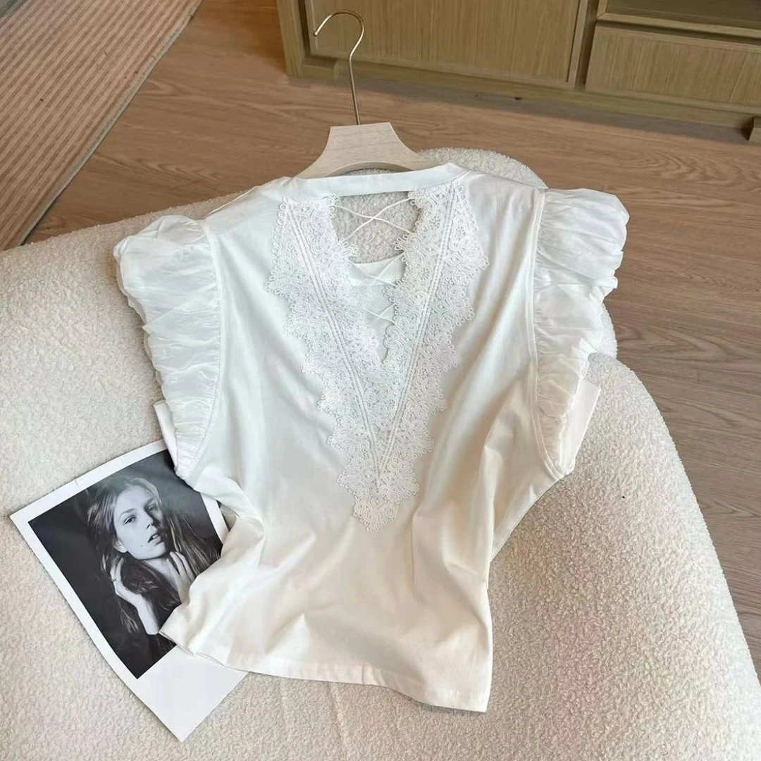 2025新款爆款夏季蕾丝露背拼接无袖T恤小众百搭上衣显瘦T恤