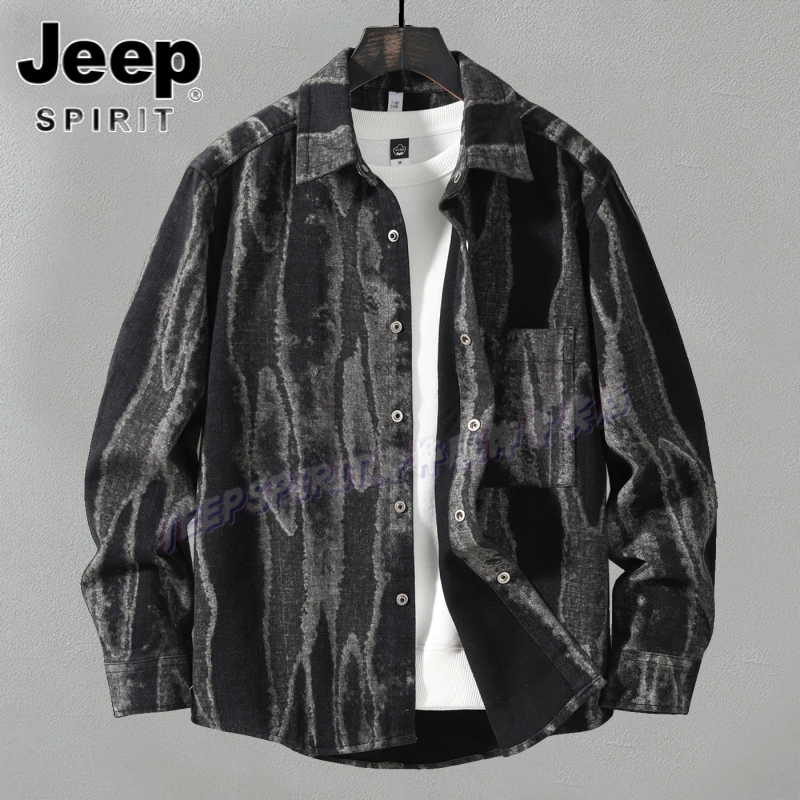 Jeep吉普常规款男士翻领做旧衬衫衬衣复古春秋季港风宽松潮流上衣