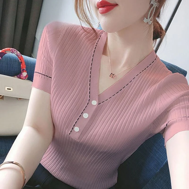 GiftPalm冰丝短袖T恤女夏季新款韩版时尚V领气质设计感针织衫上衣