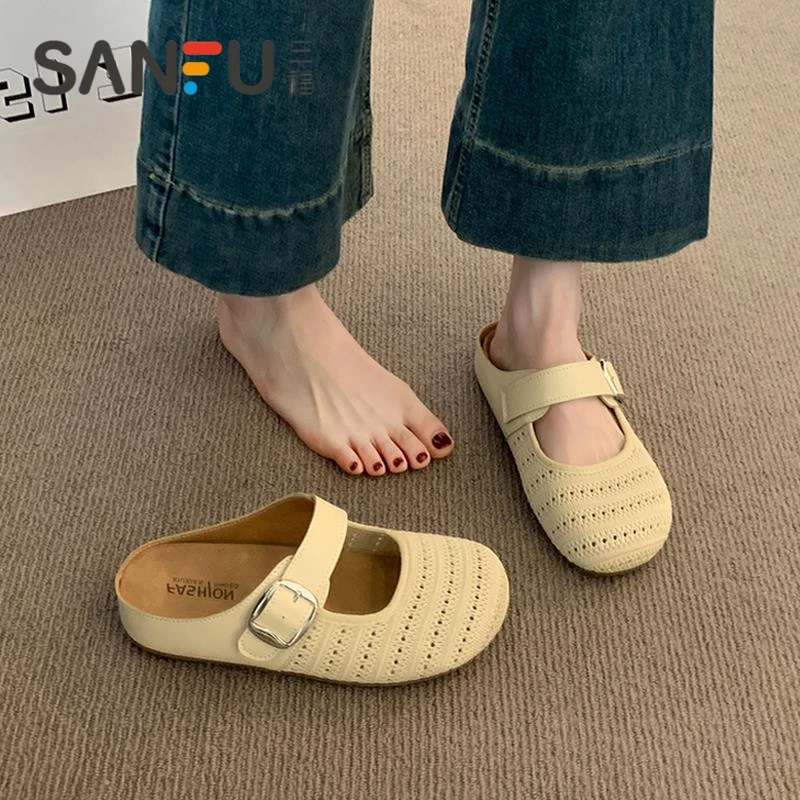 三福内增高包头半拖鞋女外穿新款夏季秋季镂空凉鞋一脚蹬勃肯凉拖