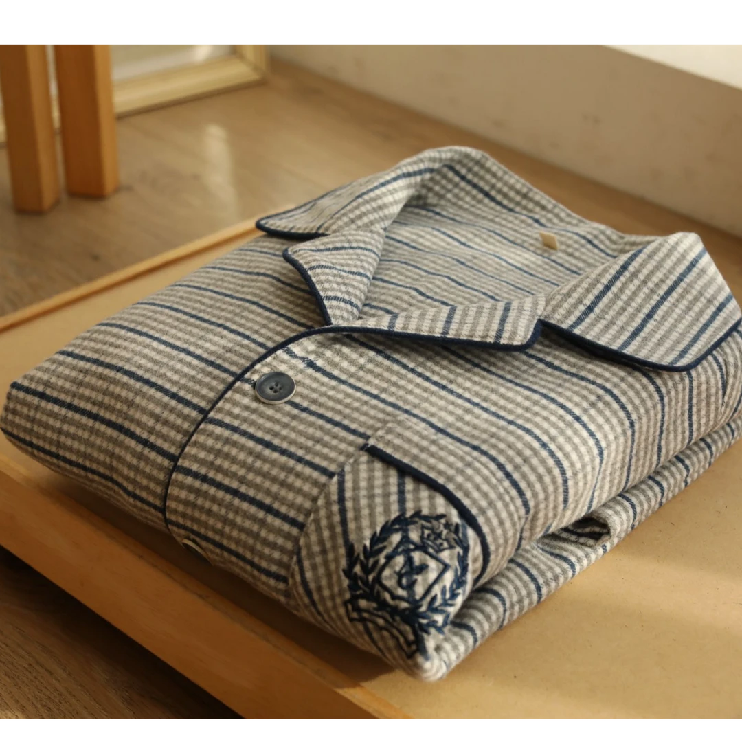 秋冬纯棉男士睡衣磨毛绒布翻领格千鸟格保暖宽松长袖长裤家居套装