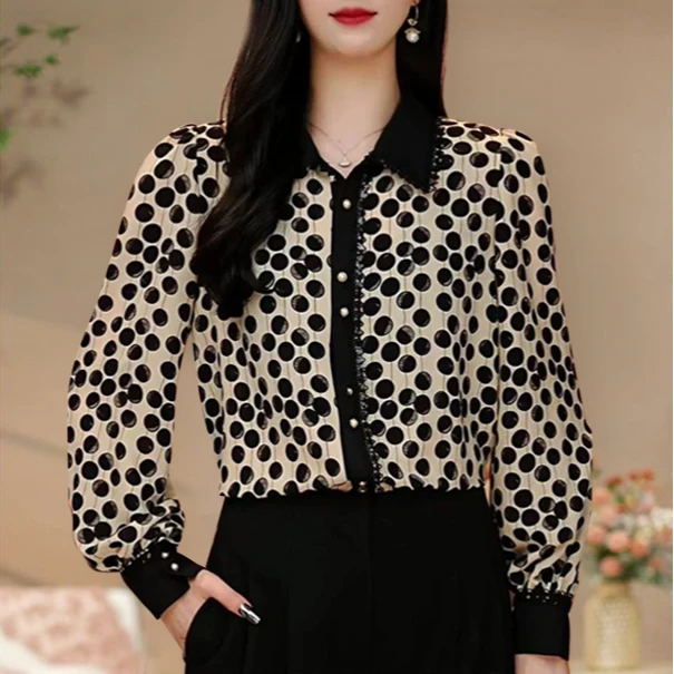 【涧蓝正品】春季新款琉璃双皱丝长袖衬衫女时尚显瘦气质印花小衫